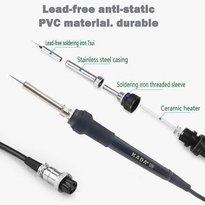 Kada 850VD+ Hot Air SMD Rework Station - soldering iron handle disassembled to show the tip, stainless steel casing, threaded sleeve, and ceramic heater.