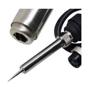 Kada Digital SMD Rework Station 8892D 2 In 1 Hot Air Gun And Soldering Iron Welding Station With Nozzle - a close-up of a silver soldering iron handle with a pointed tip and a black multi-pin connector cable.
