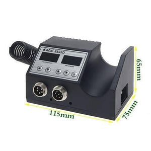 Kada Digital SMD Rework Station 8892D 2 In 1 Hot Air Gun And Soldering Iron Welding Station With Nozzle - a black dual-display unit with two front ports, a side coil holder, and yellow dimension lines indicating 115mm, 75mm, and 65mm.