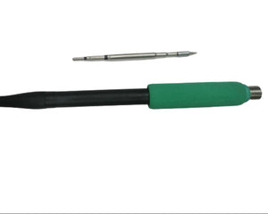Kada T210D Thermostatic Soldering Station – 75W, Adjustable Temperature 120–450°c, LED Display, Auto Sleep, Pid Control - a black and green soldering iron handle next to a detached metal soldering tip.