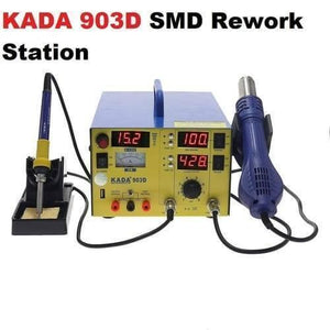 KADA903D Kada 903D Digital Hot Air Gun Soldering Iron SMD Rework Station 15V 2A With Regulated Power Supply 3 In 1 Multifunction Desoldering Station - a yellow and blue unit with digital displays reading 15.2, 100, and 428, a soldering iron, and a hot air gun.