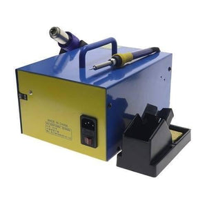 KADA903D Kada 903D Digital Hot Air Gun Soldering Iron SMD Rework Station 15V 2A With Regulated Power Supply 3 In 1 Multifunction Desoldering Station - a blue and yellow metal housing, a hot air gun, a soldering iron, and a separate black iron stand with a sponge.
