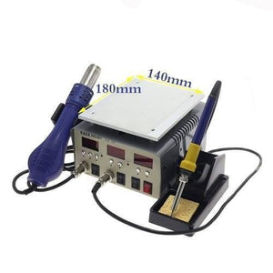 KADA9803D+ Kada 9803D+ Digital 3 In 1 Touch LCD Glass Screen Separator Hot Air Soldering Iron SMD Rework Station - a grey base unit with three digital displays, buttons, and switches, a blue hot air gun, and a soldering iron on a stand.