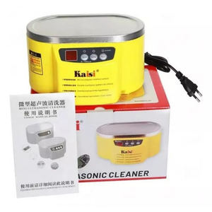 Kaisi K-105PRO Ultrasonic Cleaner 35W/60W in Pakistan - a yellow device with a stainless steel basin, digital display, control buttons, power cable, manual, and branded box.