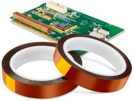 10mm Kapton Polyimide Heat Resistant Tape - shown as two rolls of amber-coloured adhesive tape positioned in front of a green electronic circuit board.