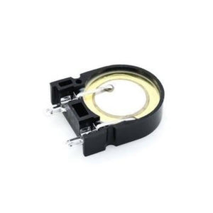 KDS-22P Piezo Buzzer u Shaped Audio Indicator 22mm x 7.0mm - a black U-shaped audio indicator with a circular yellow transducer element and two metal connection pins.