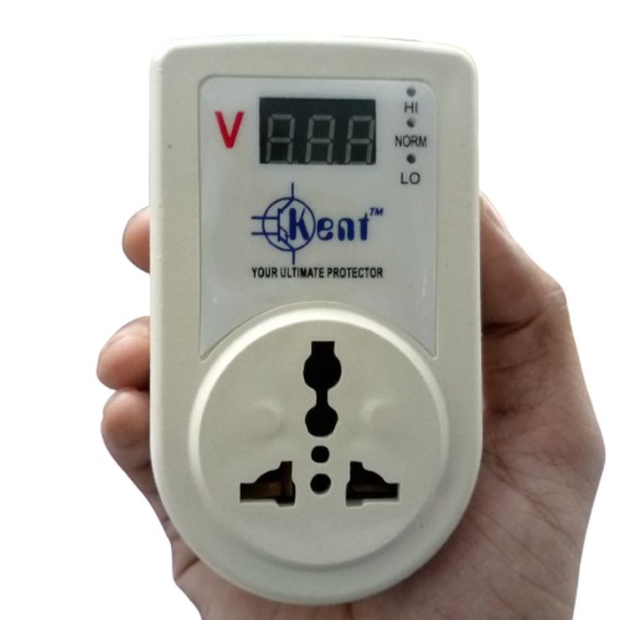 Kent Digital High Low Voltage Protector - a white plastic casing, a digital display, and a universal electrical outlet.