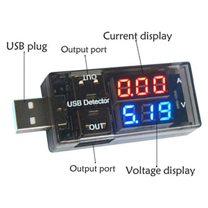 Keweisi USB Current Voltage Meter Battery Tester - a black rectangular device with a USB plug, two output ports, and red and blue LED displays.