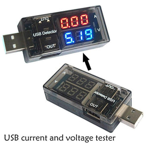 Keweisi USB Current Voltage Meter Battery Tester - shown from two angles, with a digital display reading 0.00 A and 5.19 V, and visible USB ports.