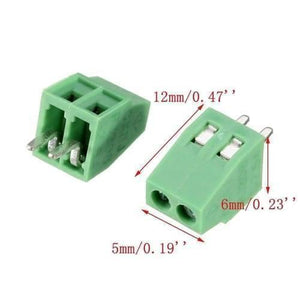Kf 128 2p 5mm Pitch 2 Pin PCB Screw Terminal Block Connector - Digilog Pakistan - shown as two green plastic components with metal pins and screw terminals, including dimensions.