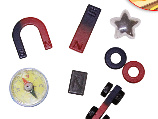 Kids STEM School Learning Magnet Power Kit - Science Experiment D - a horseshoe magnet, bar magnets, a compass, ring magnets, a star-shaped container, and a toy car.
