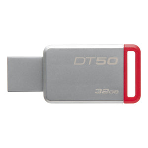 Kingston 32GB USB 2.0 Flash Drive - a silver rectangular metal body with a red plastic loop on one end and a USB connector on the other.