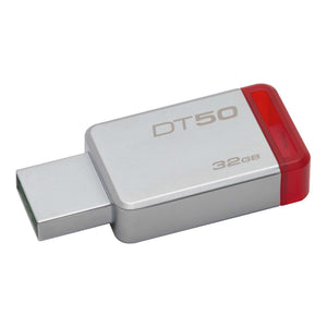 Kingston 32GB USB 2.0 Flash Drive - a silver metal body with a red plastic cap and the text DT50 and 32GB printed on the surface.