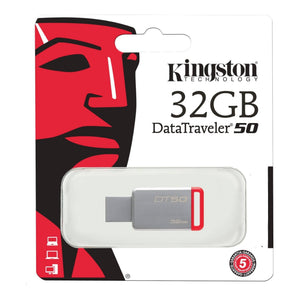 Kingston 32GB USB 2.0 Flash Drive - DataTraveler 50 flash drive in retail packaging showing a silver metal USB drive with a red accent on a white and red card.