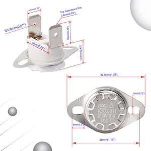 KSD301 190°c Normally Closed Thermostat Thermal Temperature Switch Nc - two views with dimension labels, featuring a silver metal casing, white ceramic base, and two spade terminals.