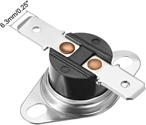 KSD301 Thermostat 40°c/104°f 10A Normally Open N.o Adjust Snap Disc Temperature Switch - a black and silver snap disc temperature switch with two metal terminals and a 6.3mm/0.25" dimension label.