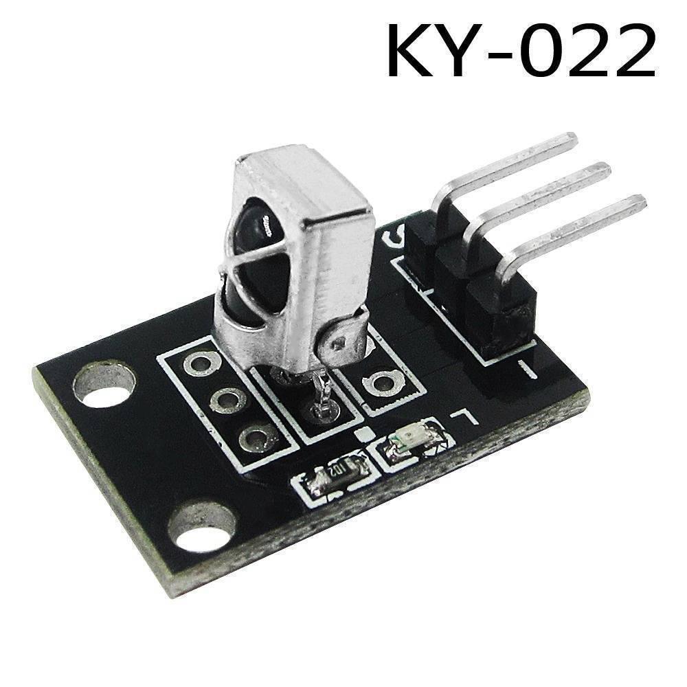 Ky-022 Arduino Infrared Sensor Infrared Receiver Module 38kHz Receiver IR Sensor IR Receiver - a black rectangular circuit board with a silver-cased IR receiver and three gold-coloured pins extending from the side.