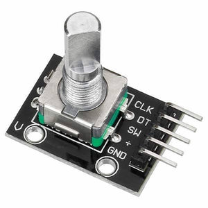 Ky-040 Rotary Encoder Sensor Module With Push Button - silver metal knob on a black circuit board featuring five pin connectors labeled CLK, DT, SW, +, and GND.