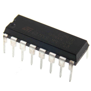 L293D IC Dual H-bridge Motor Driver - shown as a black 16-pin integrated circuit chip with silver metal pins against a white background.