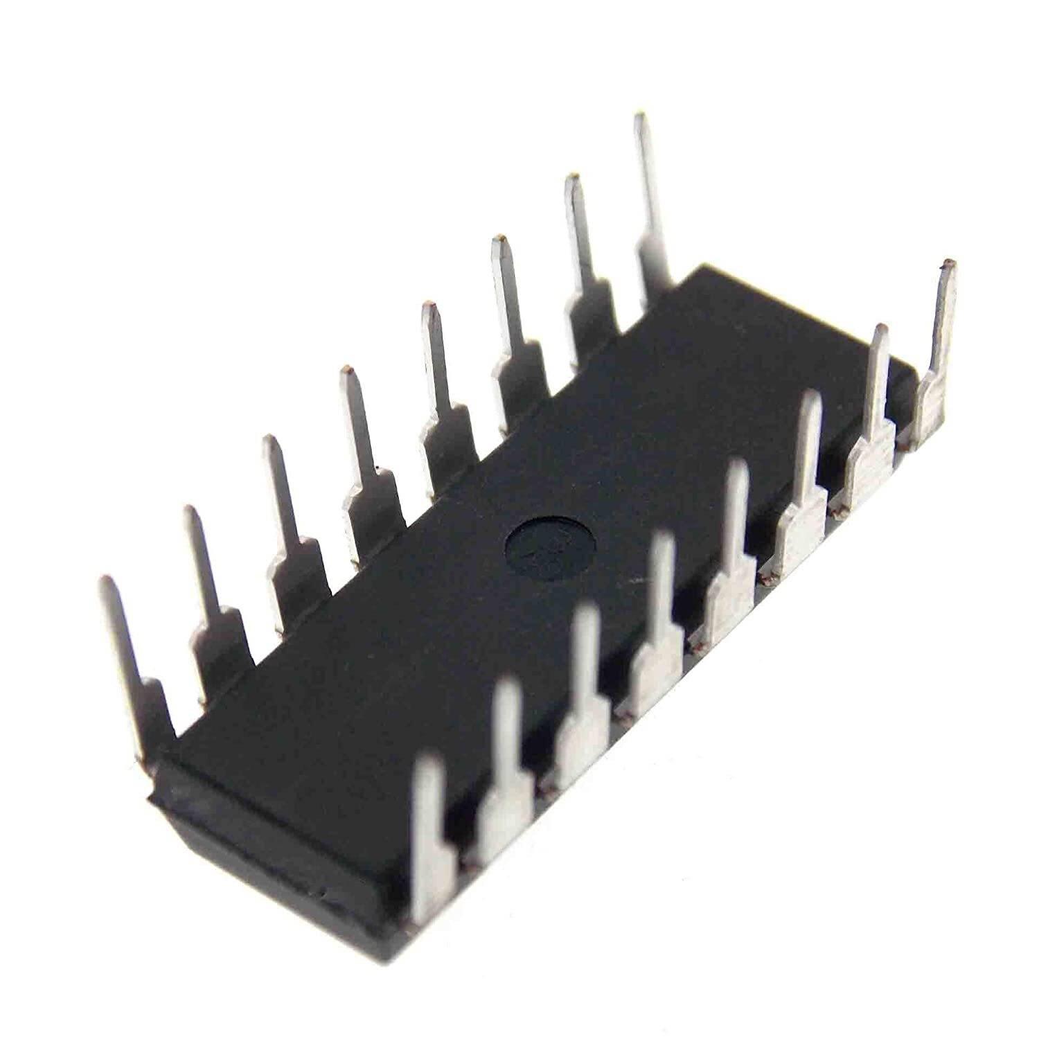 L293D IC Dual H-bridge Motor Driver - shown as a black rectangular integrated circuit component with sixteen metallic pins arranged in two parallel rows.