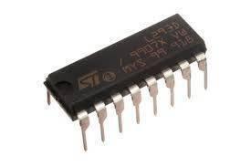 L293D IC Dual H-bridge Motor Driver - a black rectangular integrated circuit with sixteen metallic pins, shown from an angled perspective.