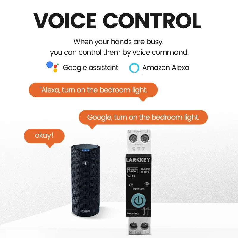 Larkkey Programmable WiFi Breaker Tuya Smart Circuit Breaker Power Metering Over Current Under Voltage Protection DIN Rail Smart Switch - shown next to an Amazon smart speaker with speech bubbles illustrating voice control commands for Google Assistant and Alexa.