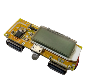 LCD Display Dual USB 5V 1A 2.1A Power Bank - with two USB ports, a micro-USB port, an LED, and an LCD screen on a yellow PCB.