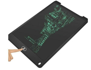LCD Writing Tablet HSD1200 12 Inch Paperless Student Family Office School Notes - a black 12-inch digital writing board with a finger pressing the trash icon button to clear the architectural drawing displayed.