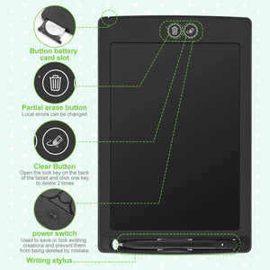 LCD Writing Tablet HSD1200 12 Inch Paperless Student Family Office School Notes - a black 12-inch tablet with a stylus, battery slot, and buttons for partial erase, clear, and power lock functions.