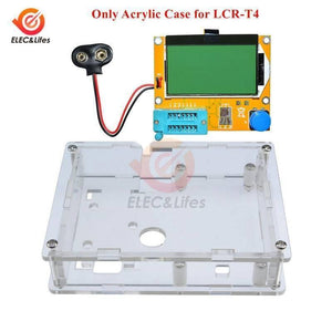 LCR-T4 Acrylic Case Housing Shell For LCR-T4 MEGA328 Transistor Tester M328 Diode Triode Capacitance ESR Meter Clear Box Case - a clear, unassembled box housing alongside an LCR-T4 transistor tester board with a green display and blue rotary knob.
