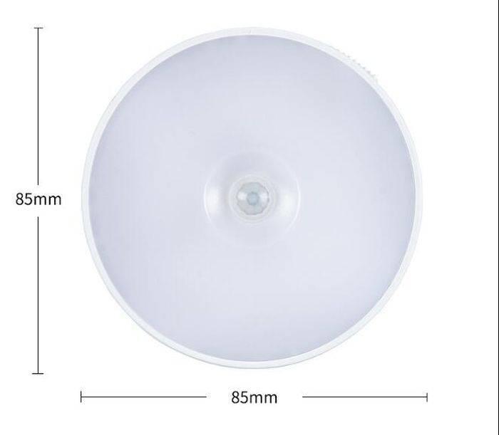 LED Body Induction Lamp Induction Night Light Warm White PIR Sensor - a round white light with a central PIR sensor, shown in a top-down view with 85mm dimension markers on the height and width.