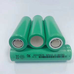 Li-ion 18650 2200mAh Rechargeable Battery Cell (SF 18650NR-22) - three green cylindrical batteries arranged with one horizontal and two vertical.