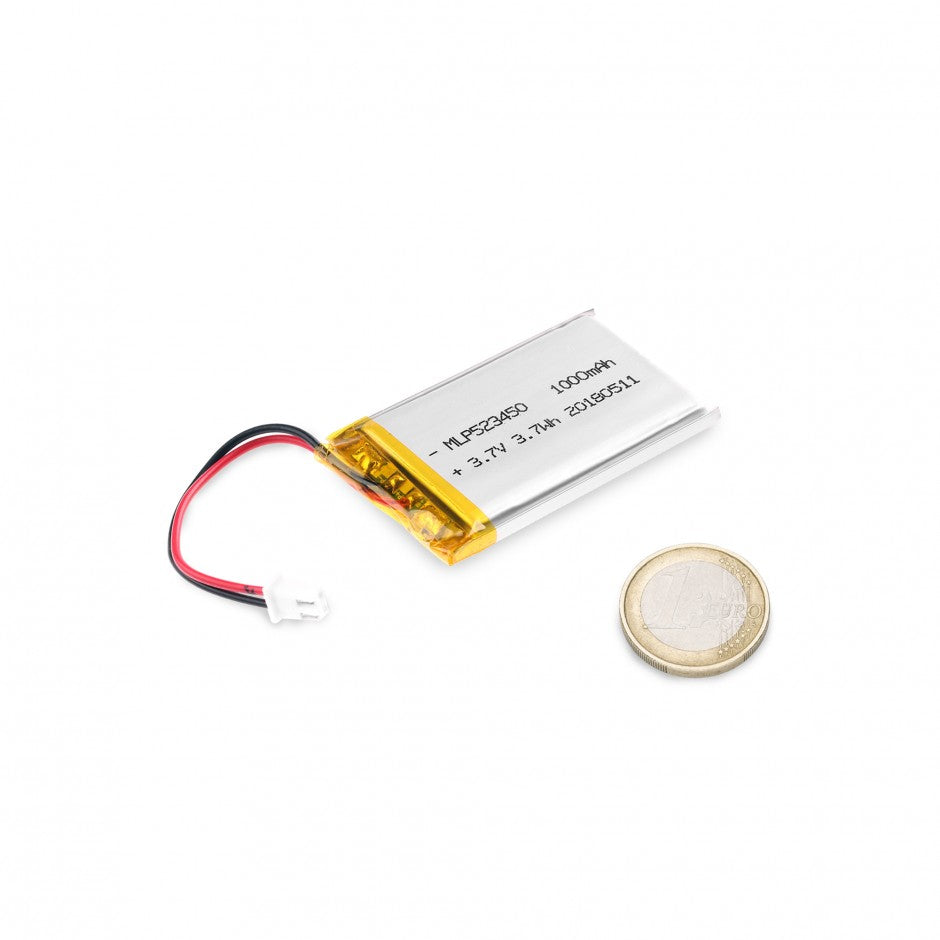 Li-Polymer Battery 3.7V 1000mAh - shown as a silver rectangular cell with red and black wires, a white connector, and a one-euro coin for scale.