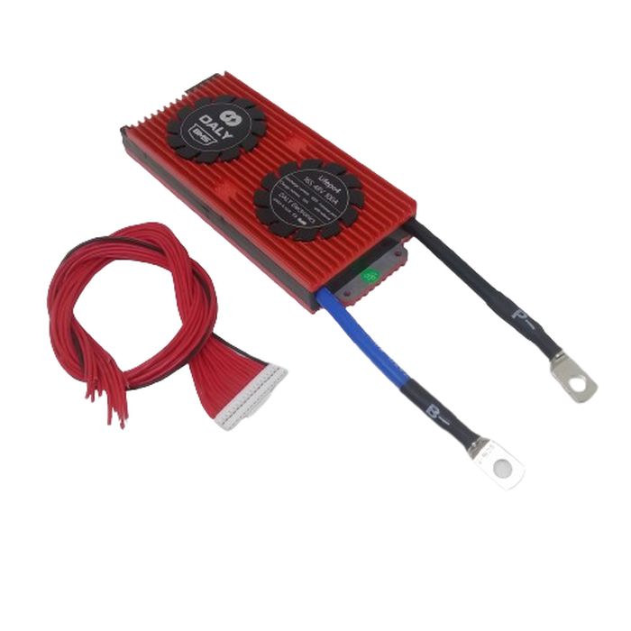 LiFePO4 16S 48V 100A DC Daly BMS - shown as a red rectangular unit with two circular labels, a blue B- cable, a black P- cable, and a red balance wire harness.
