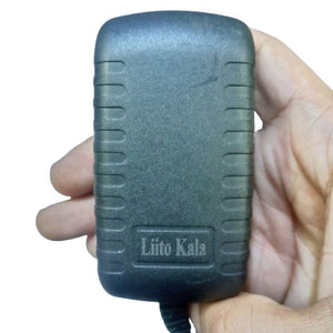 Liitokala 12V 2A 18650 Lithium Battery Charger With DC Plug - shown as a black rectangular power adapter held in a hand with a cable extending from the bottom.