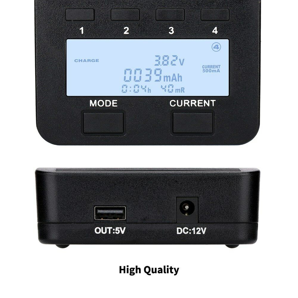 Liitokala Lii-500 LCD Display 18650/26650 Speedy Rechargeable Lithium Battery Charger with Adaptor - a black unit with an LCD screen displaying charging data, control buttons, and a side panel with DC and USB ports.