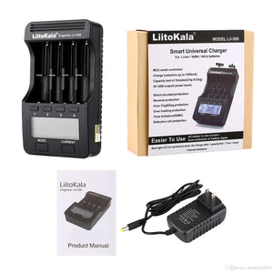 Liitokala Lii-500 LCD Display 18650/26650 Speedy Rechargeable Lithium Battery Charger with Adaptor - shown with its cardboard box, product manual, and power adapter, featuring four charging slots and Mode/Current buttons.