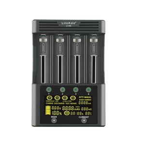 Liitokala Lii-600 Smart battery Charger and Tester With Power Supply - a black four-slot device with a front-facing digital display showing battery status, mode, and current settings.