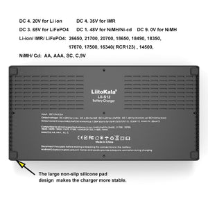 Liitokala LII-S12 18650 Battery Charger – 12+2 Bay Smart Universal Charger - the black rectangular underside with ventilation slots, rubber feet, and printed technical specifications.