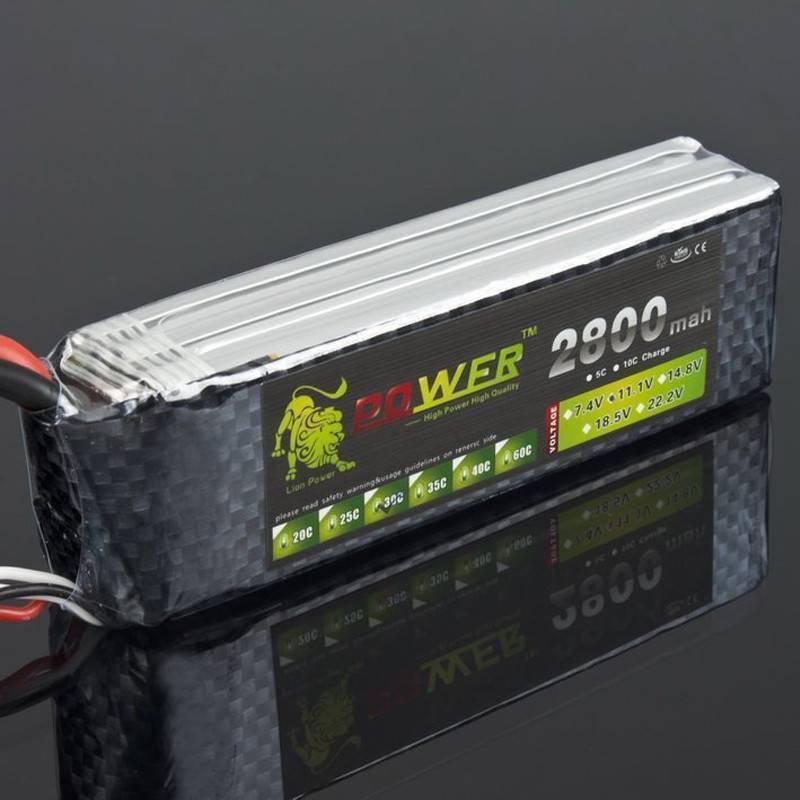 Lion Power 3s LiPo Battery 11.1 v 2800 mAh 35C Max 50C 11.1V 2800mAh - a rectangular black carbon-fiber patterned pack with red and black power wires and a white balance connector.