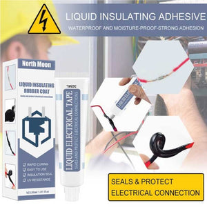 Liquid Insulating Rubber Coat - shown as a white tube and its matching cardboard packaging box, with inset photos demonstrating its application on wires.
