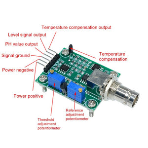 Liquid Ph Value Detection Regulator Sensor Module - a green circuit board with a BNC connector, two blue potentiometers, and five output pins.