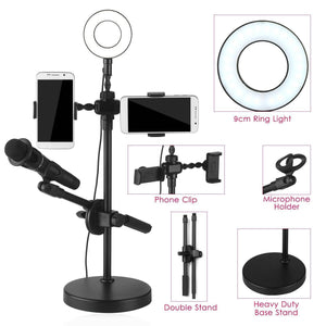 Live Stream Ring Light With Phone Holder And Microphone Stand 3 Light Modes 9 Brightness Level - a black desk stand with a 9cm ring light, two phone clips, and a microphone holder.