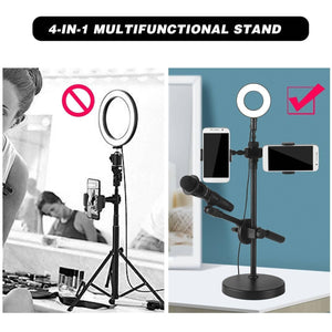 Live Stream Ring Light With Phone Holder And Microphone Stand 3 Light Modes 9 Brightness Level - shown in a comparison graphic with a tripod stand on the left and a desk stand on the right.