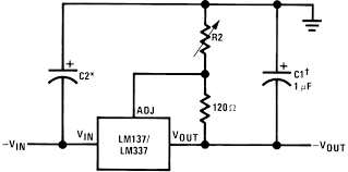LM337 Adjustable -ve Voltage Regulator - the regulator IC, a variable resistor, a fixed resistor, and two capacitors.
