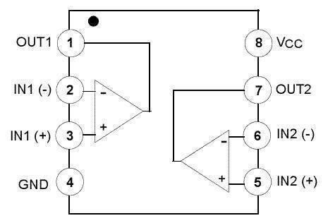 LM358 Op Amp IC In Paksitan - a black and white schematic diagram showing the pinout configuration and internal circuit layout of the dual operational amplifier.