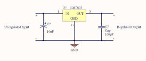 LM7815 Voltage Regulator - an LM7805 chip, a 10uF capacitor, a 100pF capacitor, and ground connections.