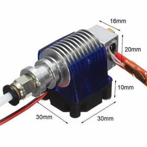Long Distance 3d V6 j Head All Metal Hotend Bowden Extruder With Cooling Fan - blue cooling fan, metal heatsink, heater block, and dimension labels.