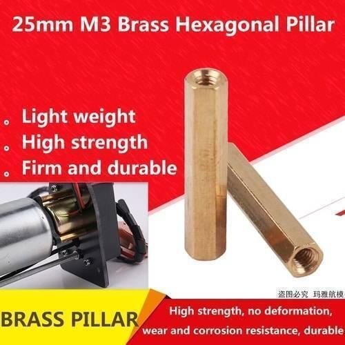 M3X28MM Female To Female Thread Brass Hex Standoff PCB Pillar Spacer - shown as two gold-colored hexagonal metal pillars next to a small motor assembly.