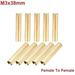 M3X38MM Female To Female Thread Brass Hex Standoff PCB Pillar Spacer - a set of ten gold-colored hexagonal metal spacers arranged in two rows.